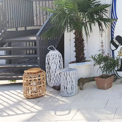 XL Laterne aus Rattan - Weiß - mit Windlicht/Kerze