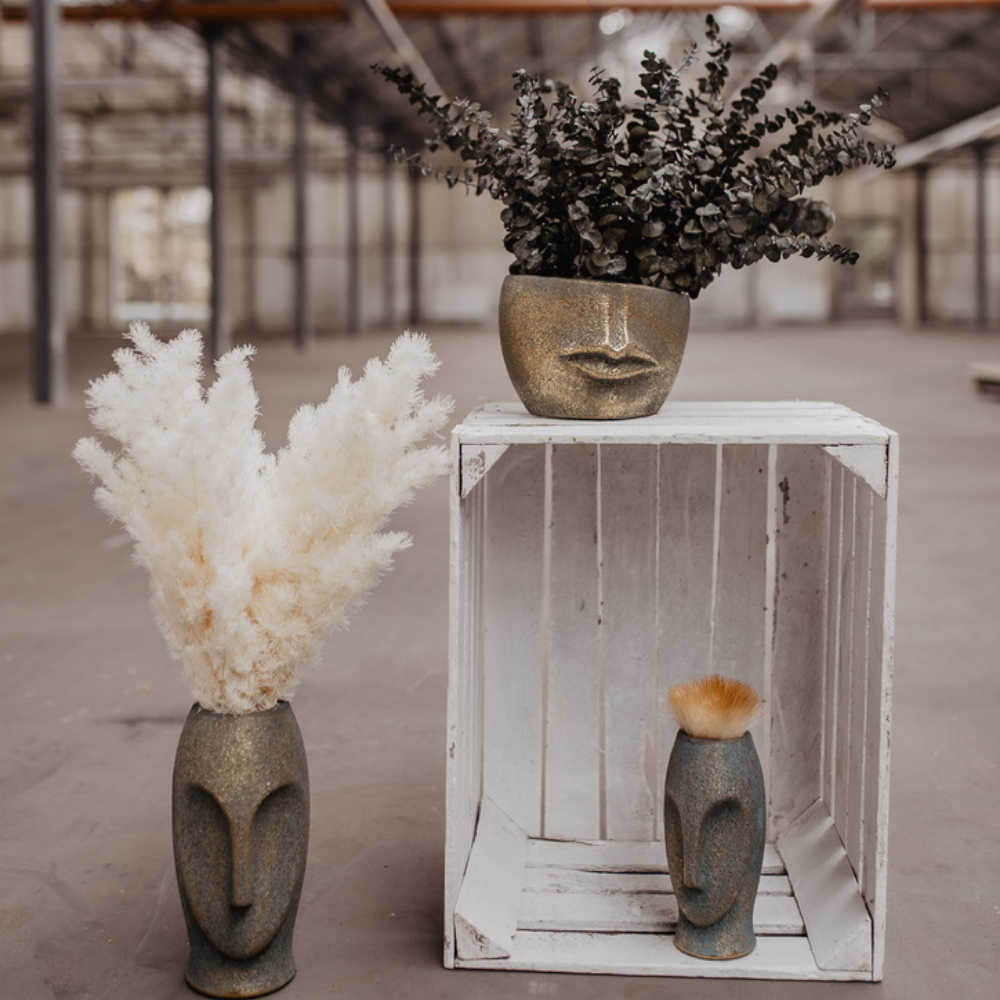 Vase mit Gesicht Petrol-Gold – strukturierte Oberfläche – 3 Größen