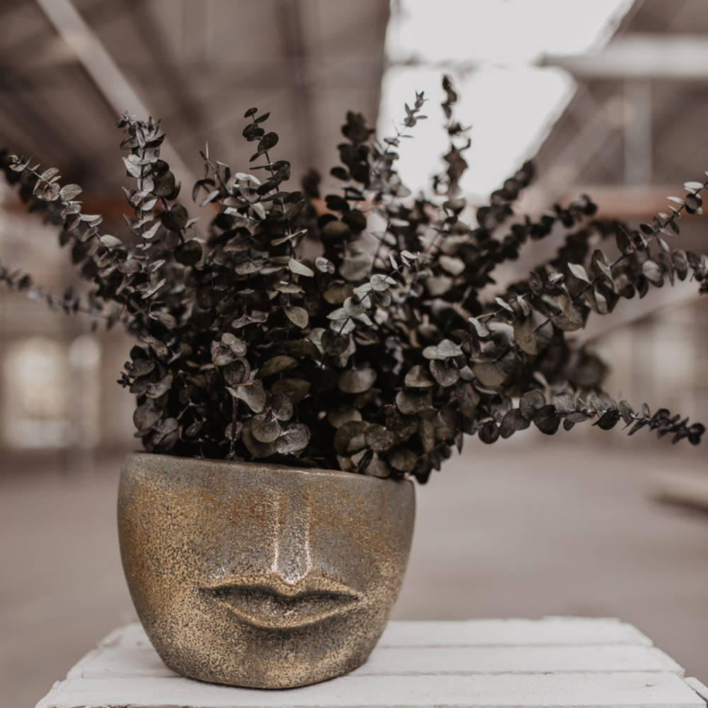 Vase mit Gesicht Petrol-Gold – strukturierte Oberfläche – 3 Größen