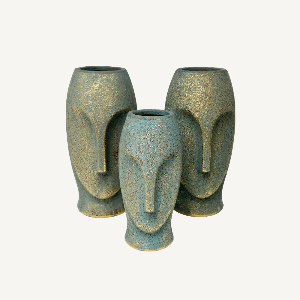 Vase mit Gesicht Petrol-Gold – strukturierte Oberfläche – 3 Größen
