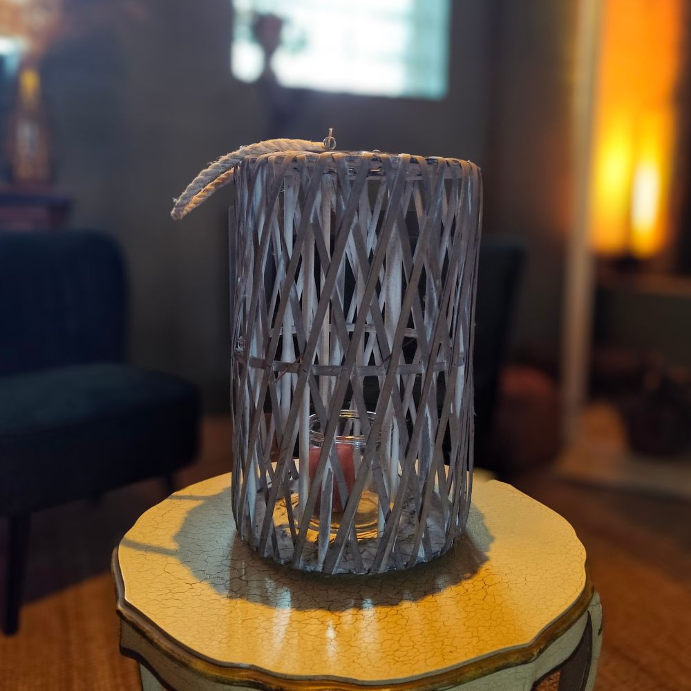 XL Laterne aus Rattan - Weiß - mit Windlicht/Kerze