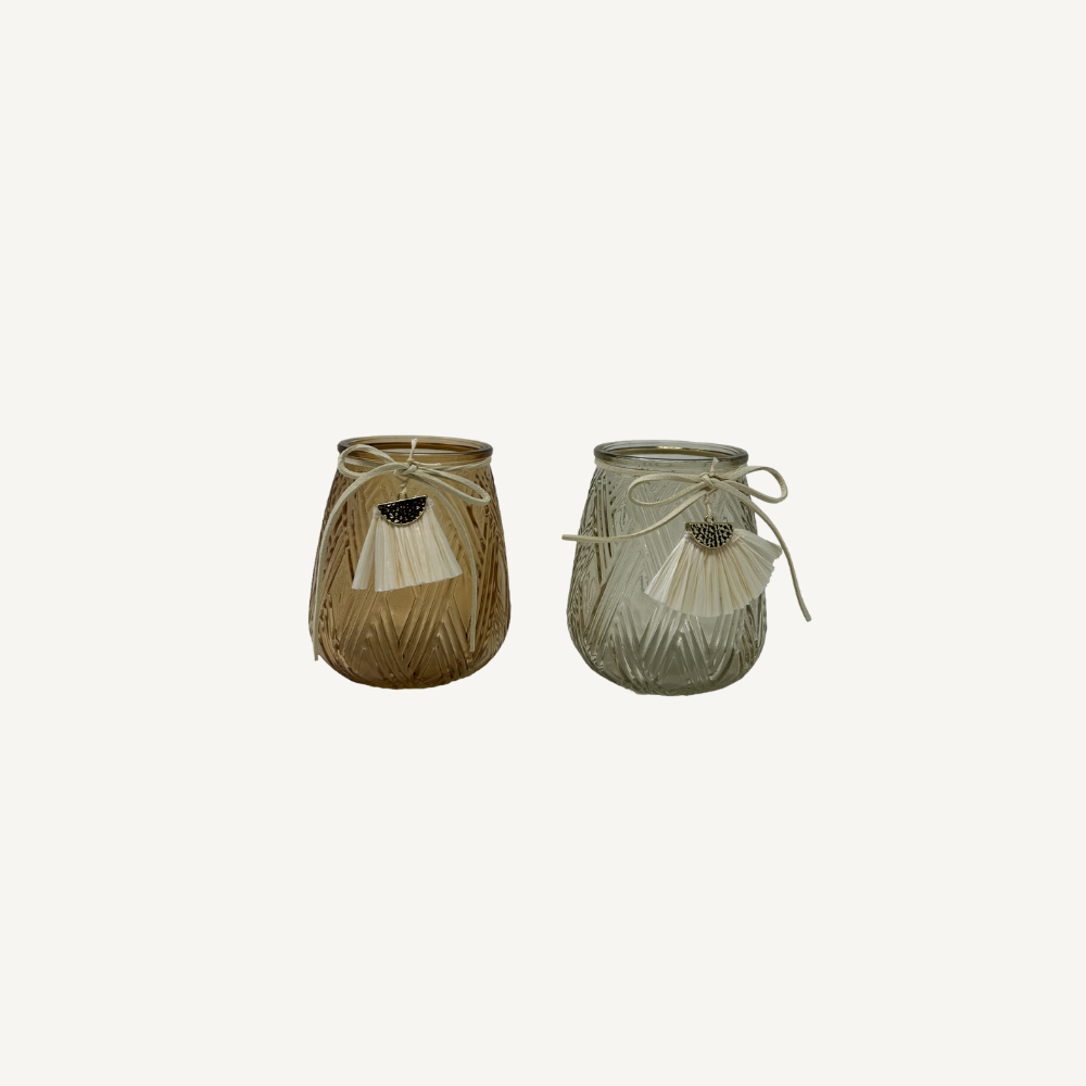 Teelichtglas / kleine Vase mit Dekoband mieten / Grau und Braun