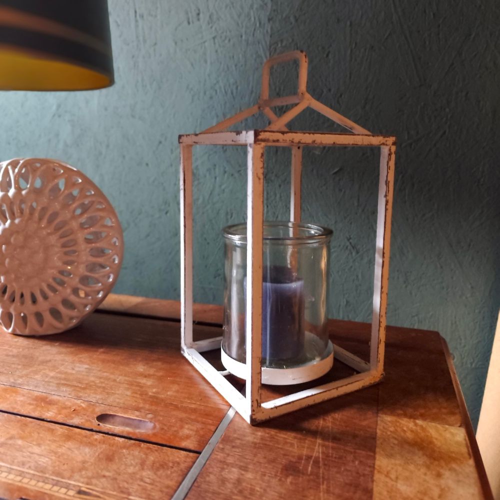 Windlicht Vintage Metall-Laterne mit Glas weiß für Kerze